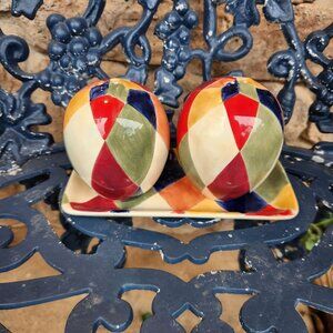 Colorful Harlequin Hand-Painted Salt & Pepper Shakers With Matching Tray